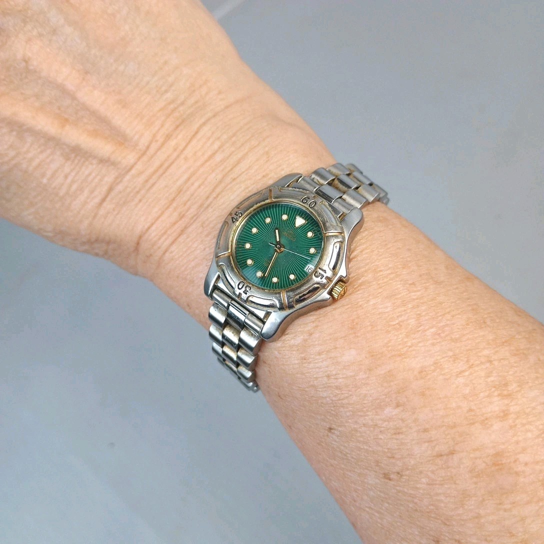 Timex Indiglo Women Silver Tone Green Dial Date Stainless Steel Band Working